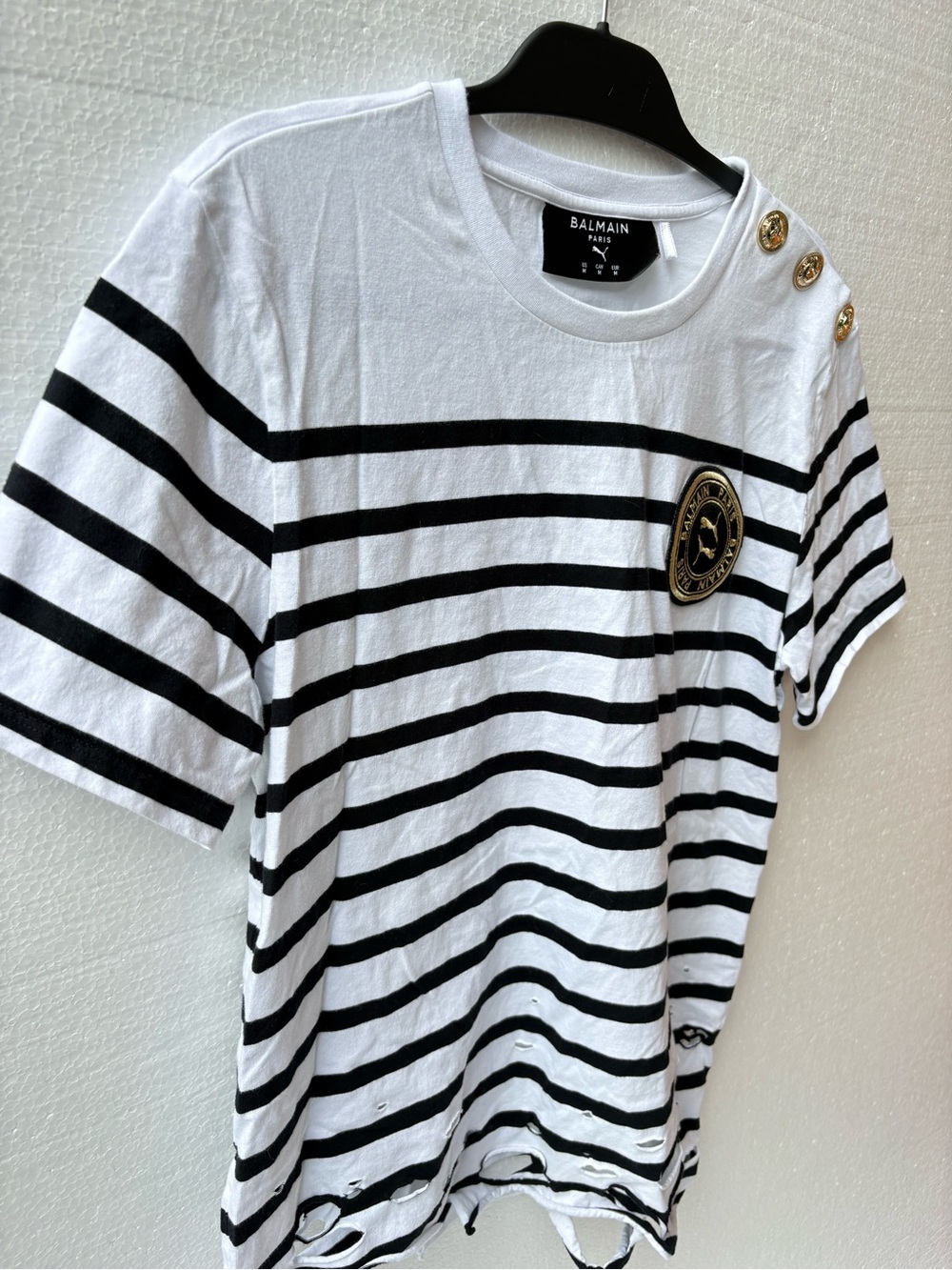 Balmain x Puma Striped Oversized Distressed Holes Tee Shirt White Black rare - Picture 6 of 10